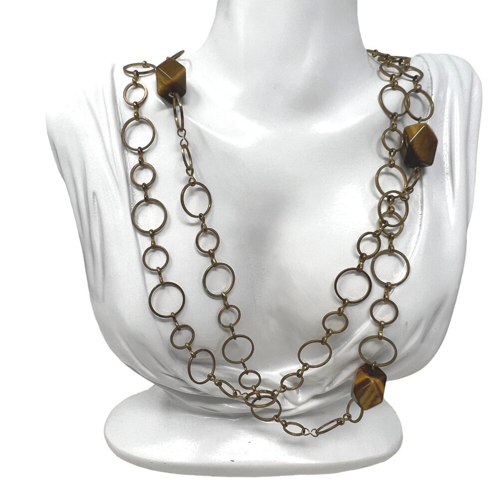 Gold Tone Chain‎ Tiger Eye Necklace Boho Long Open Link Vintage